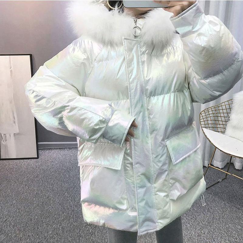 Women's Bright Face Hooded Down Jacket Mid-length Korean Loose Thick Coat Warm Cotton Coat Large Wool Collar Winter Quilted Coat