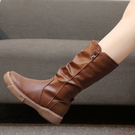 Women's PU Martin Boots Autumn Winter Flat Boots Plus Velvet Knight's Style Boots  Zipper Leather Shoes