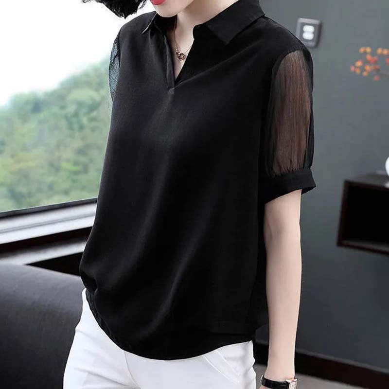 Chiffon Shirt 2022 Summer Black Short-sleeved V-neck Top Cover Belly Plus Size Women's Korean Mesh Blouses V Neck Lapel Tops Pullover Blouse Shirts