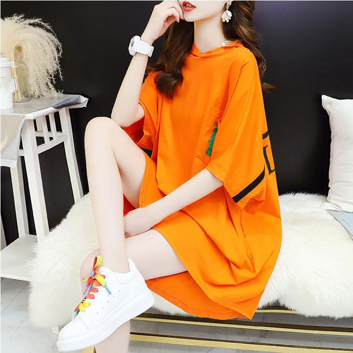 Mid-length Summer Dress Hooded Women Dress Girl Loose O-Neck Casual Long T-shirt Dress