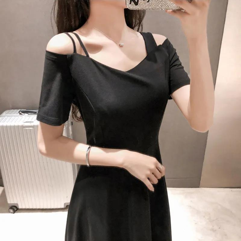 Sling Dress Women's V-neck Strapless Slim Slimming Waist Hepburn Style Black Dress Women's Strapless Elegant Black Dress