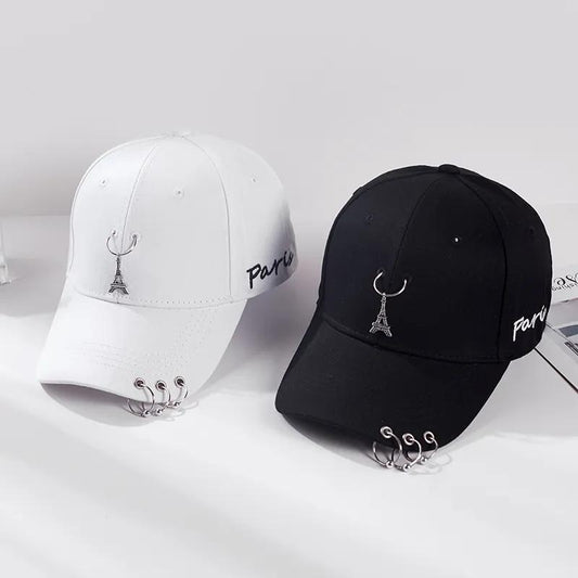 Men's Casual Three-ring Hat Paris Tower Peaked Cap Spring Summer Iron Ring Baseball Cap Women's Street Hip-hop Hat Adjustable Ponytail Hat