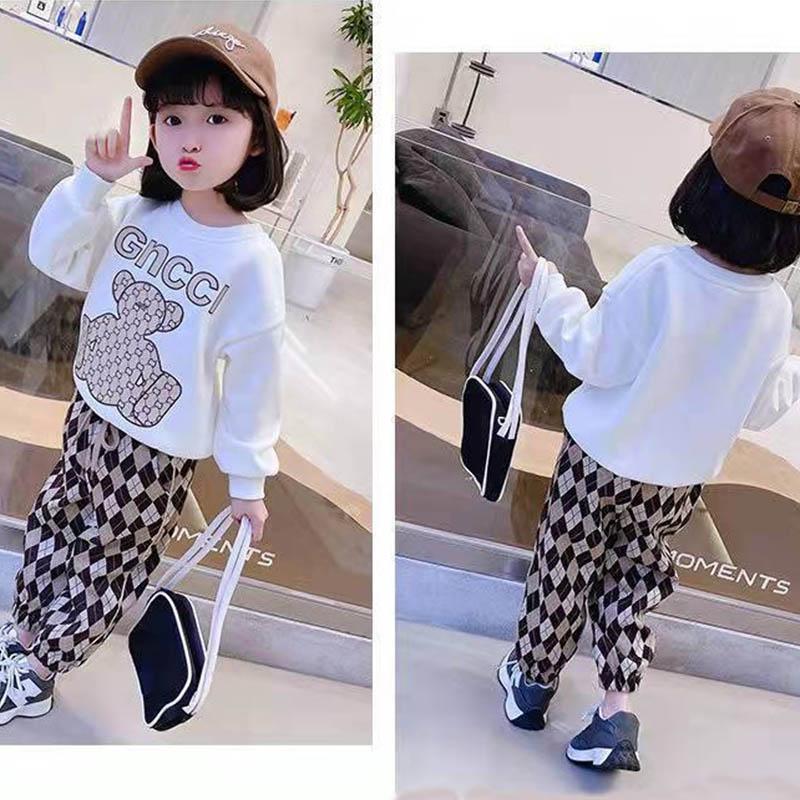 Girls Spring and Autumn Suits Long-sleeved Headband Contrast Printing Casual Suit Baby Plaid Sports Loose and Comfortable Two-piece Suit