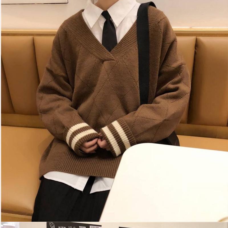 Pofulove wild age-reducing V-neck sweater women + student long-sleeved white shirt women two-piece