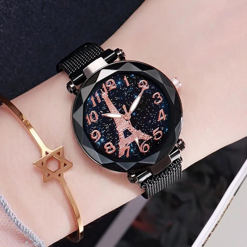 Paris Eiffel Tower Starry Quartz Watch Women's College Style Student Korean Vintage Simple Iron Magnet Luminous Mesh Belt Watch