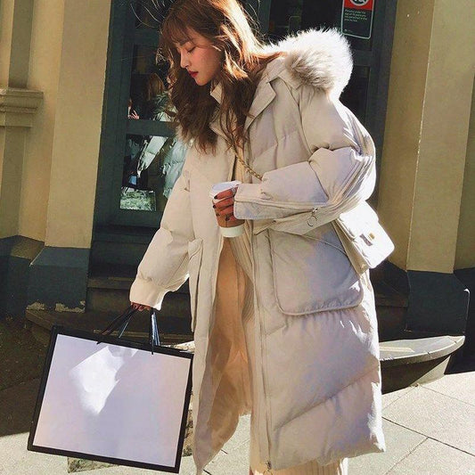 Women's Mid-length Cotton-padded Jacket Winter Fluffy Fur Collar Hooded Loose Down Cotton-padded Jacket Over-the-knee Padded Warm Jacket