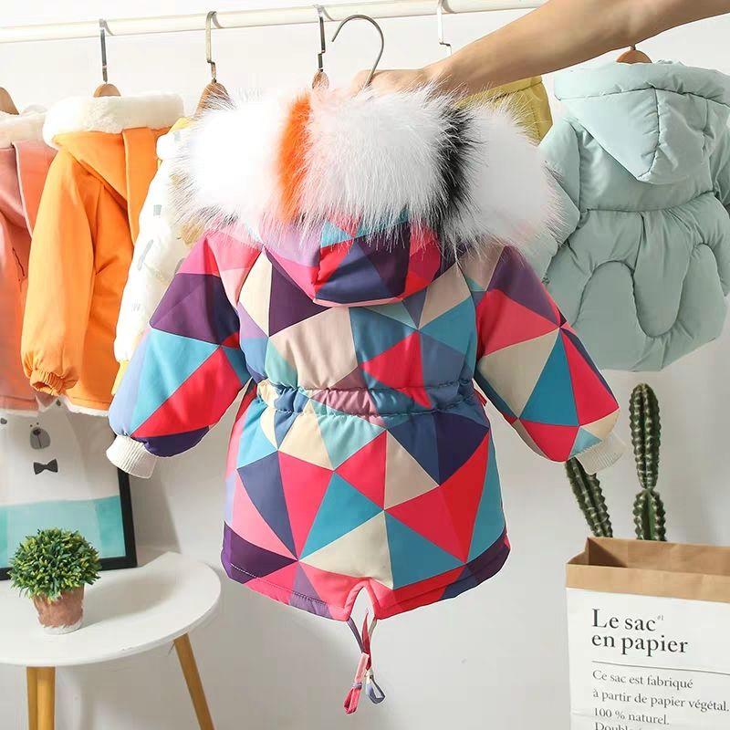 Kids Parkas for Girls Winter Thick Warm Hooded Faux Fur Coat Rhomboid Printed Parka Jacket with Detachable Faux Fur Collar Outwear