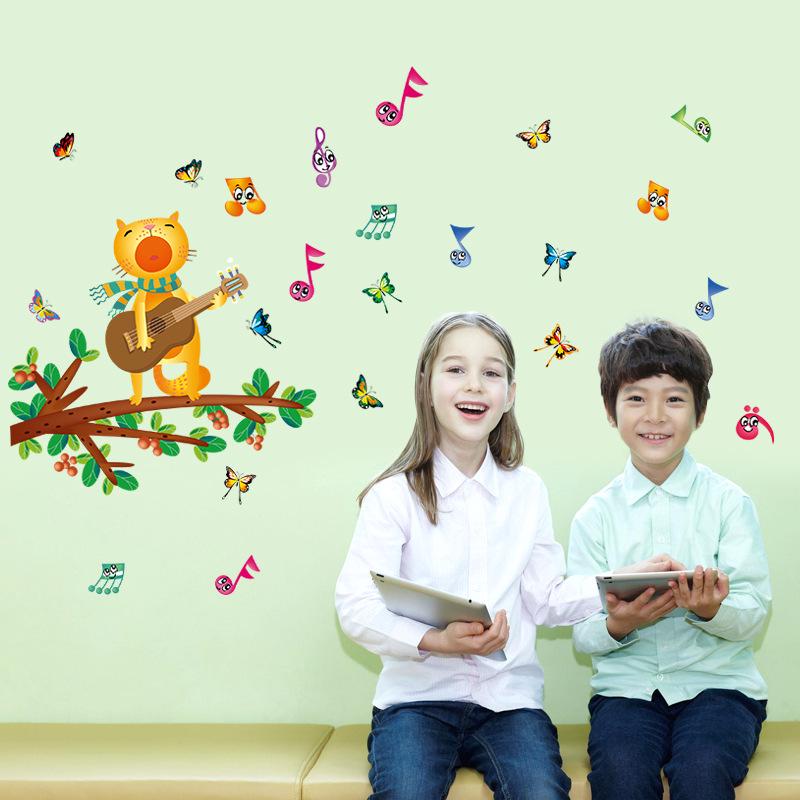 Cartoon wall stickers cat playing guitar kindergarten bedroom wall decoration painting stickers