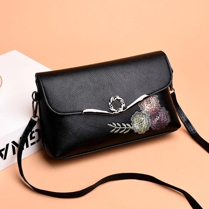 Female Crossbody Bags Women Shoulder Messenger Bags Casual Portable PU Leather Multi-Layere Embroidered