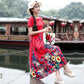 Women Ethnic Style Printed Dress Summer Loose Large Size Short-sleeved Literary Retro Waist Long Skirt