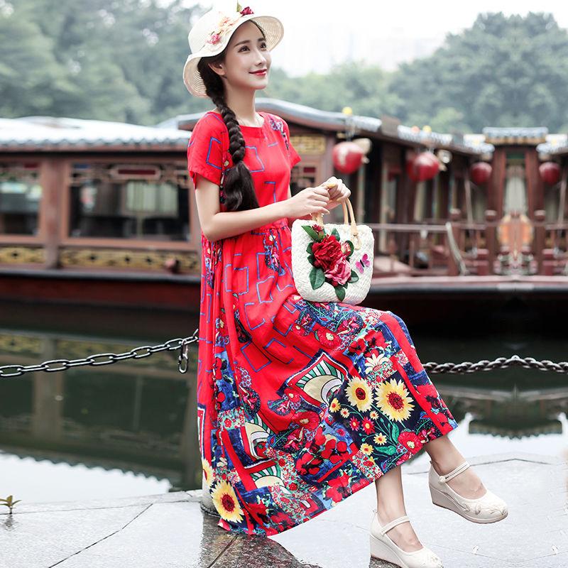 Women Ethnic Style Printed Dress Summer Loose Large Size Short-sleeved Literary Retro Waist Long Skirt
