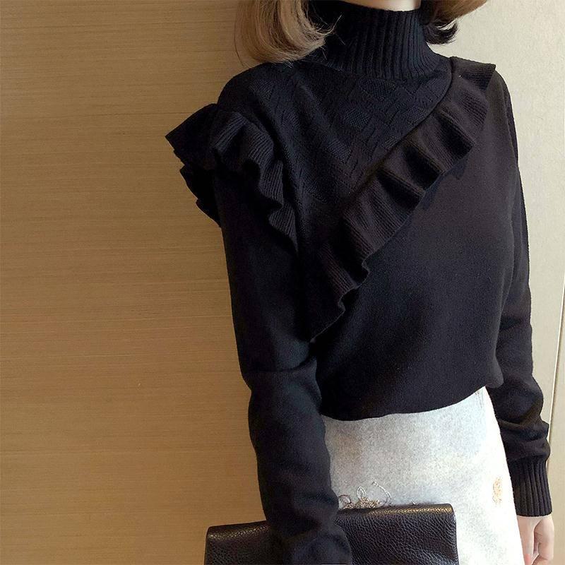 Loose Turtleneck Solid Color Sweater Women Long-sleeved Ruffled Knitted Bottoming Sweater