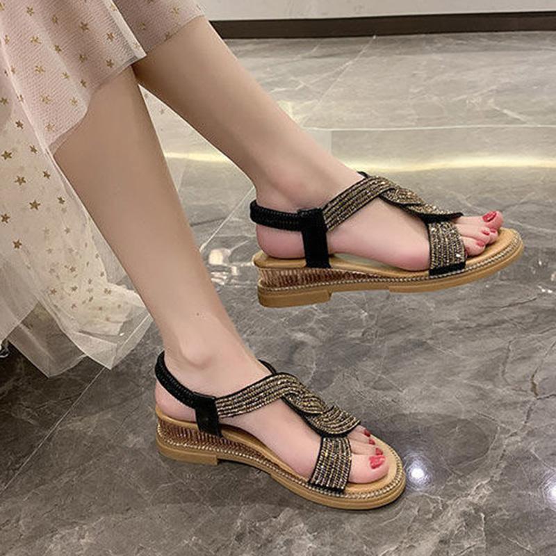 Wedge Sandals Women's Shoes Summer Soft Leather Rhinestones Comfortable Soft Bottom Low-heeled All-match Women's Flat Shoes