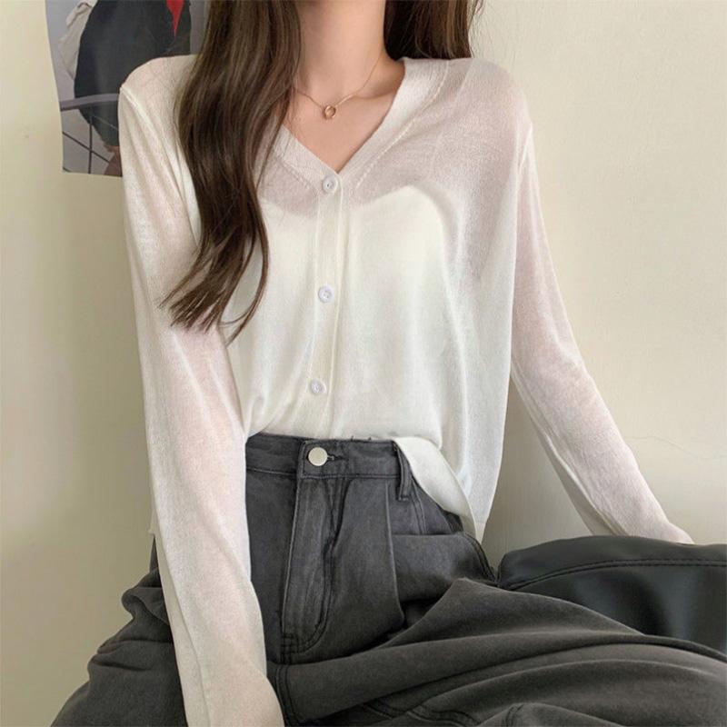 Thin Sunscreen Air Conditioning Cardigan Summer Korean Top Loose V-neck Long Sleeve Knit Women's Top