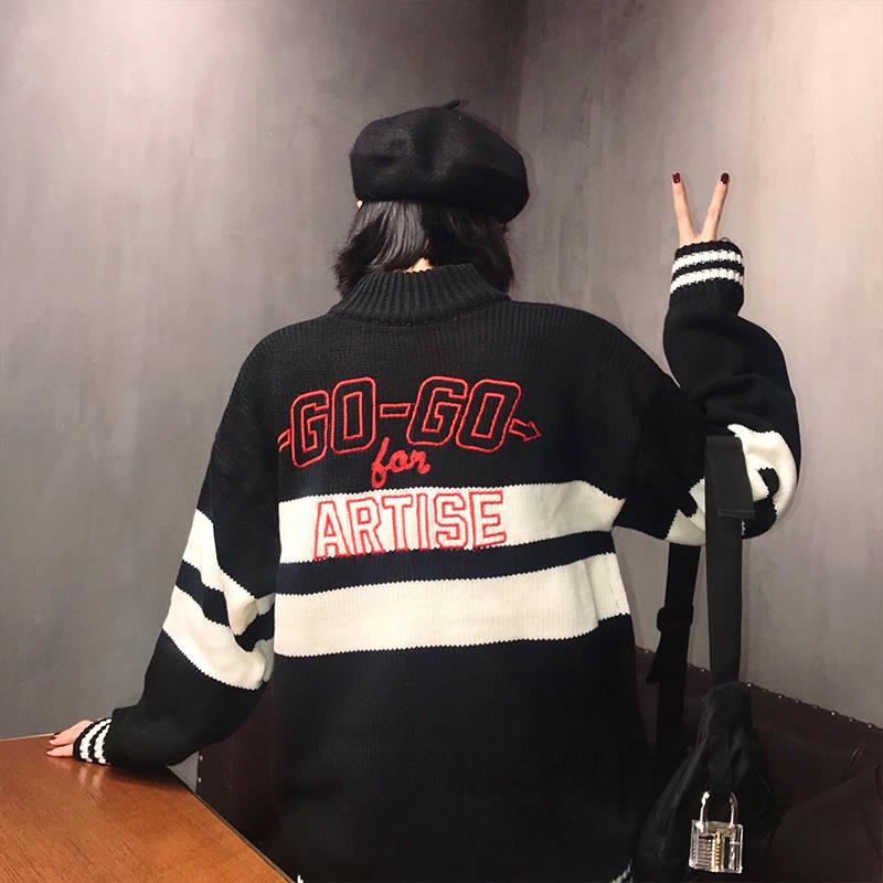 Color Matching Half Turtleneck Female Autumn and Winter Loose Embroidery Thick Knit Coat