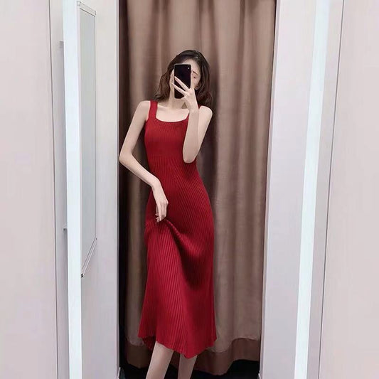 Female Knitted Spring Base Holiday Dress Slim A-line Sleeveless Solid Color Casual Elegant Dress