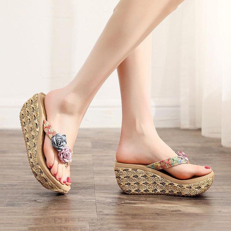 High-heeled Fashion Non-slip Sandals and Slippers Women's Summer Seaside Beach Shoes Thick-soled Holiday Outer Wear Clip-on Flower Flip-flops