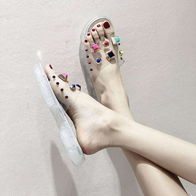 Student shoes ins slippers female crystal sole sports sandals transparent word belt colorful rivets