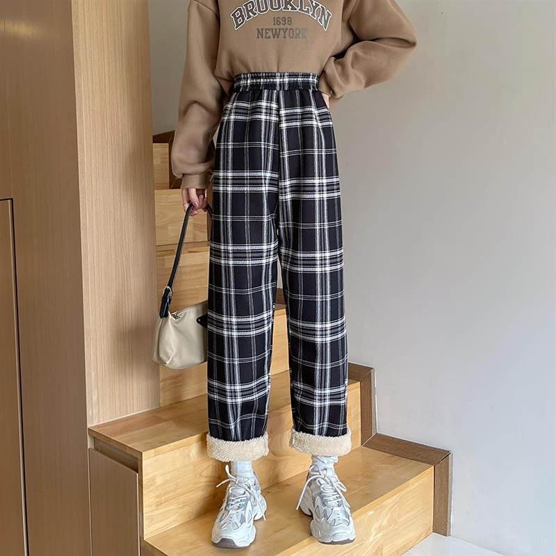 Lamb Velvet Plaid Pants Women Winter Plus Velvet Thick Thin Thin Wild Trend Loose High Waist Casual Wide Leg Trousers