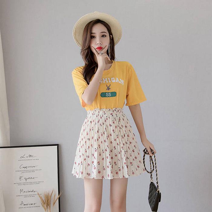 Pofulove Women Pleated Chiffon Skirt High Waist Slim Floral Package Hip Skirts Mini A-line Skirt