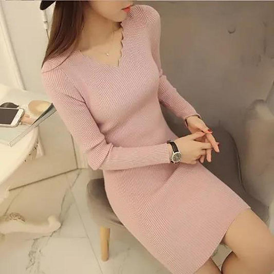 Autumn and Winter Ladies V-neck Bottoming Sweater Temperament Sweater Short Skirt Slim Dress