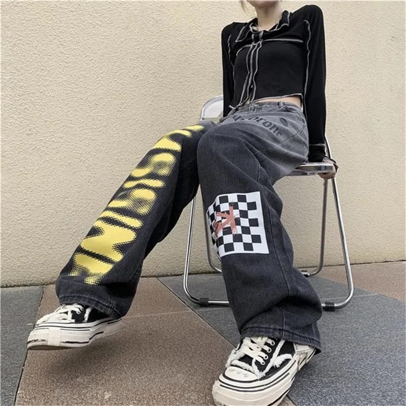 Trend Wild Graded Jeans Female INS High Waist Slim Casual Loose Straight Wide Leg Pants Trousers