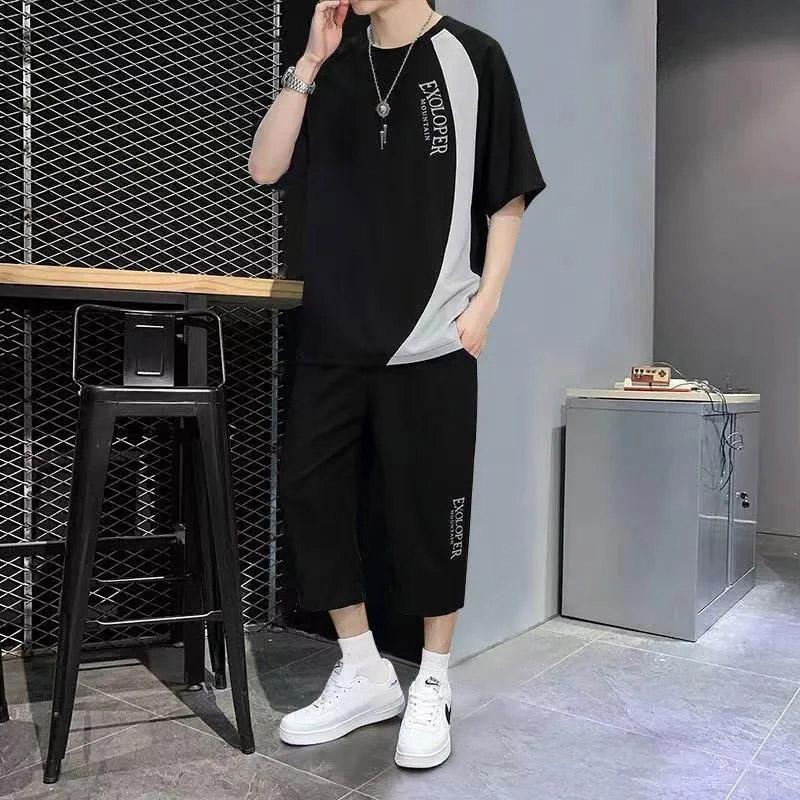 Summer Short-sleeved T-shirt Suit Men's Trend Youth Casual Sports Cropped Two-piece Set