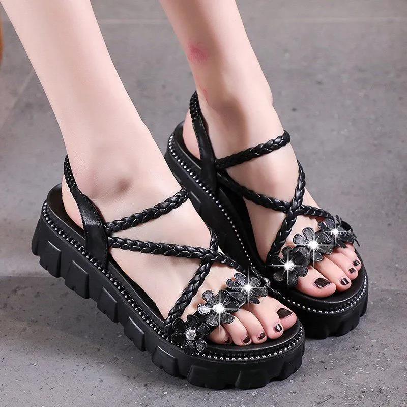 Muffin Thick Bottom Casual Sandals Summer Flowers Flat Heightened Roman Shoes Ladies Sweet Temperament Sandals A Pedal