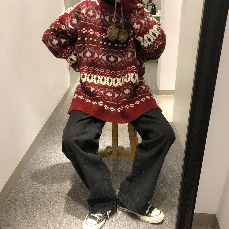 Autumn  Winter Red Jacquard Christmas Sweater Women's Loose Pullover Sweater Snowflake Print Knitted Sweater Outwear