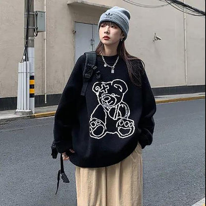 Autumn and Winter Women's Sweater Korean Loose Print Pullover Sweater Cute Round Neck Top