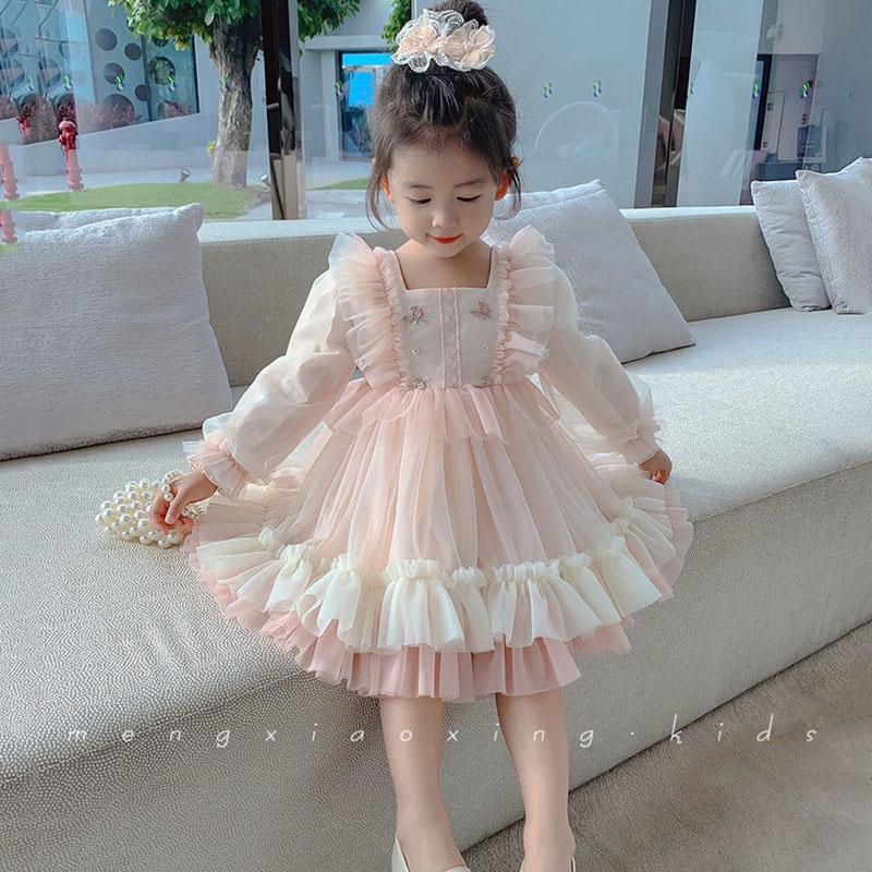 Girls Embroidery Dress Children's Cute Puff Skirt Mesh Princess Dress Baby Girl Spring Dress Long Sleeve Lace Pink Dress