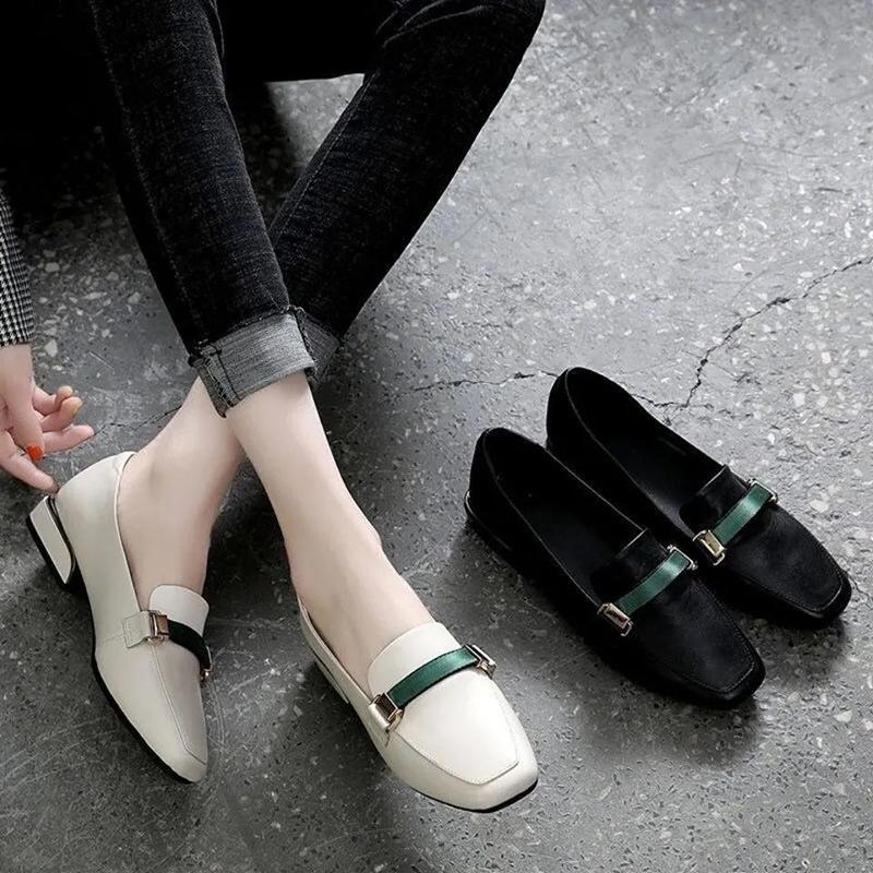 Soft Leather Single Shoes Women's Thick Heel Flat All-match Low-heel Square Toe British Style Retro Square Toe Leather Shoes for Work