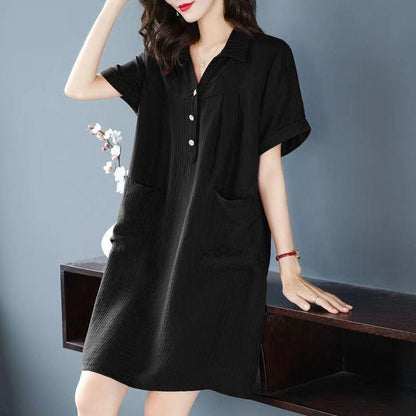 Women T-shirt Dress Loose Turn-down collar Casual Loose Big Pocket Short Sleeve Buttons Dress