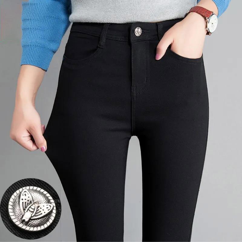 Plus Fleece Leggings Women's Plus Size Outer Wear Autumn and Winter High Waist Thin Black Pants Pencil Feet Solid Color Warm Pants