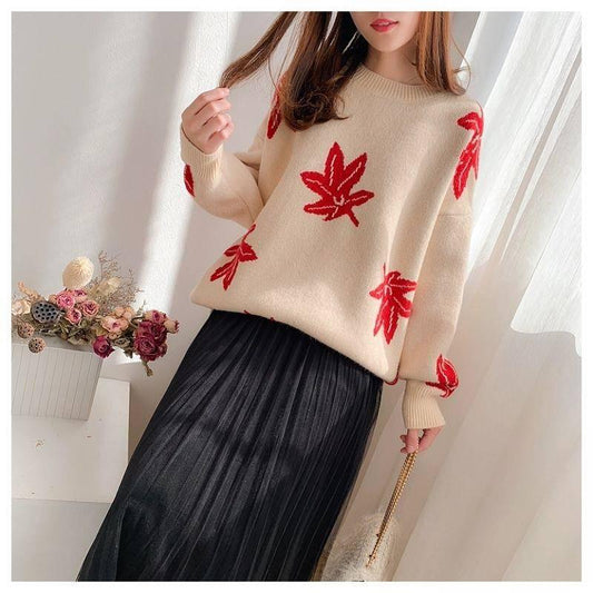 Autumn and Winter Knitted Maple Leaves Pattern Sweater Thickened Round Neck Loose Sweater