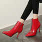 Female Autumn and Winter High Heels PU Upper Metal Decoration Pure Color Stiletto Pointed Toe Boots