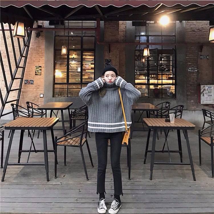 Pofulove High-collar Oversize Minimalist Gary or White Striped Loose Cuffs Pullover Sweater