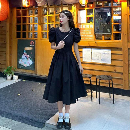 Women's Summer Puff Sleeve Dress Solid Color Slim Square Collar Long Dress