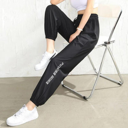 Summer Thin Letter Printing Ice Silk Casual Pants Women Loose and Thin Waist Nine-point Black Harlan Sweatpants