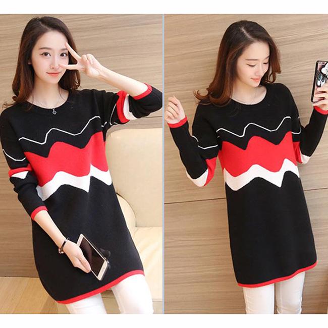 Spring and Autumn Mid-length Maternity Wear Sweater Round Neck Long-sleeved Splicing Color Base Skirt Low-neck Versatile Fashion Jacket