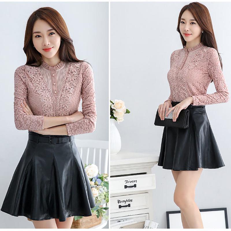 Fashion Trend Ladies Lace Sweater Autumn and Winter Slim Sexy Plus Velvet Thick Warm Blouse