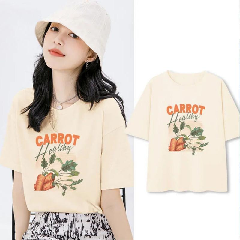 Solid Color Pattern T-shirt Women's Short-sleeved Summer Student Korean Version Round Neck Loose Ins Trend Design Top