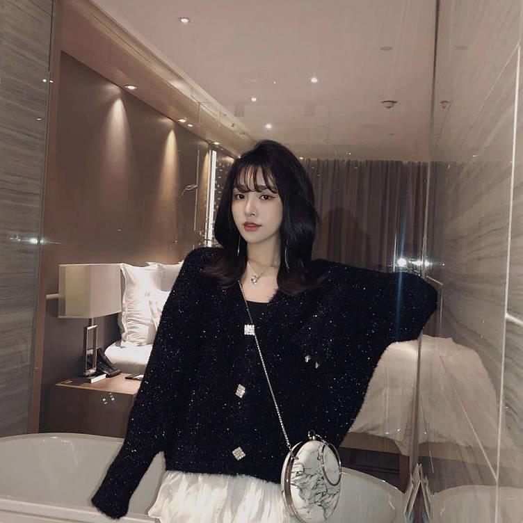 Women Bright Silk Cardigan Jacket Short Loose Lantern Sleeve Sweater Plus Size