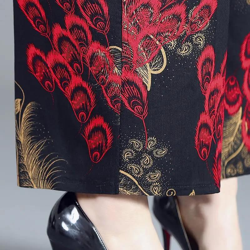 Cotton Silk Pocket Wide-leg Pants, Floral Pants, Nine-point Casual High-waist Rayon Trousers
