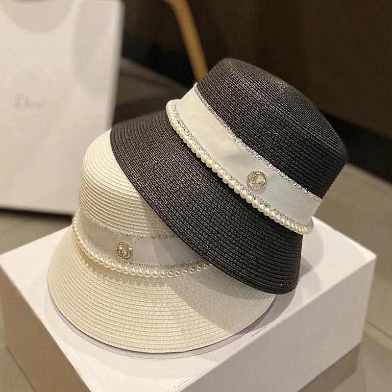 Women's Summer Hat Elegant Pearl Bucket Hat Rhinestone M Mark Retro Basin Hat Shade Straw Hat Luxury Top Hat