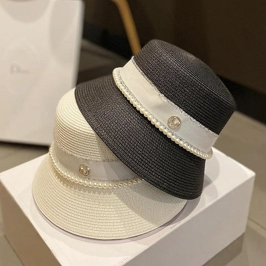 Women's Summer Hat Elegant Pearl Bucket Hat Rhinestone M Mark Retro Basin Hat Shade Straw Hat Luxury Top Hat
