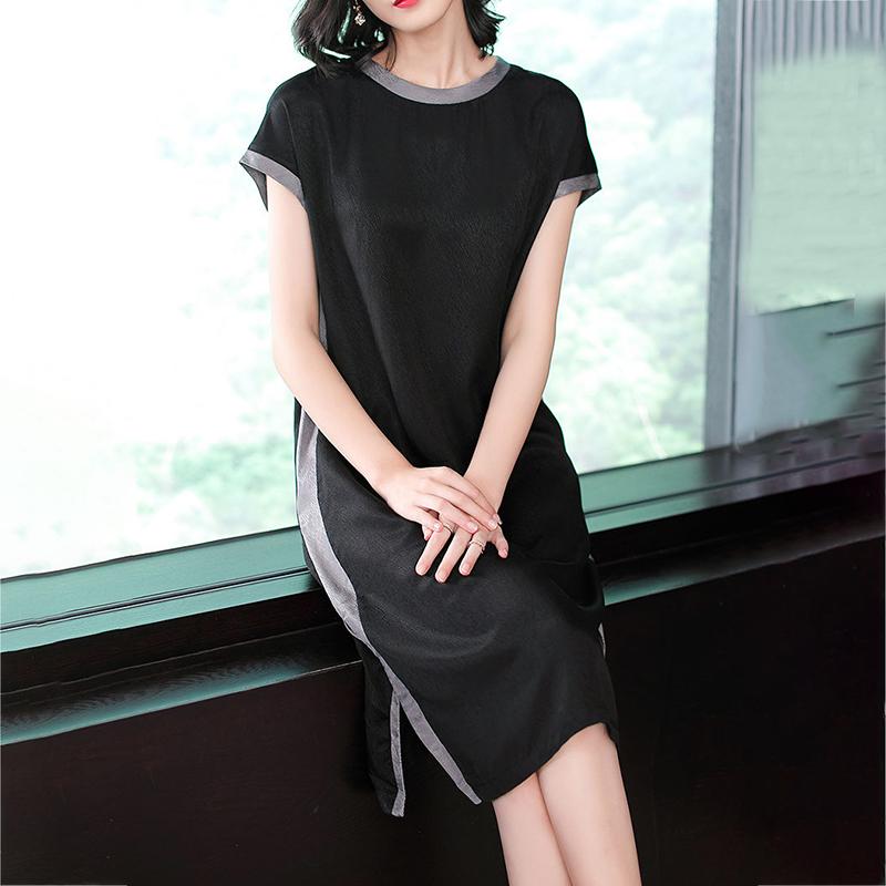 Split Design L-XXXXXL Summer Chiffon Plus Size Dress Summer Short Sleeve Round Neck Over The Knee Solid Color Dress