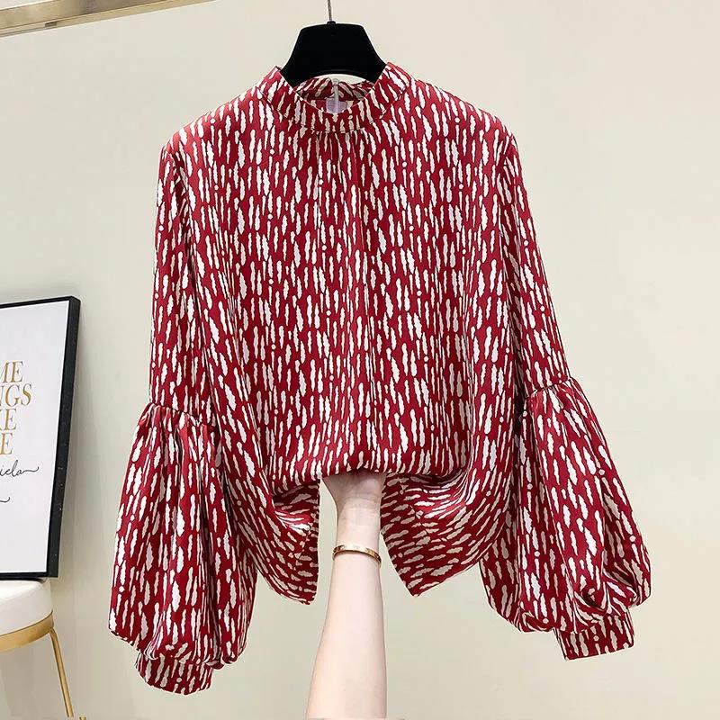 Floral Chiffon Puff Sleeve Top Thin Chiffon Shirt Women's Loose Casual Top Stand Collar Long Sleeves