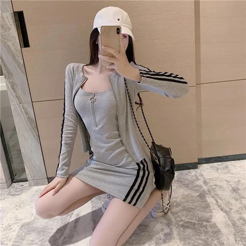 Sexy Skinny Dress Set Women's Striped Long Sleeve Jacket + Sling Zipper Slim Dress Casual Sports Skirt Set Female Summer Clothing Sets Dress Set
