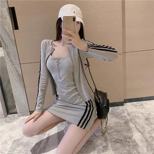 Sexy Skinny Dress Set Women's Striped Long Sleeve Jacket + Sling Zipper Slim Dress Casual Sports Skirt Set Female Summer Clothing Sets Dress Set